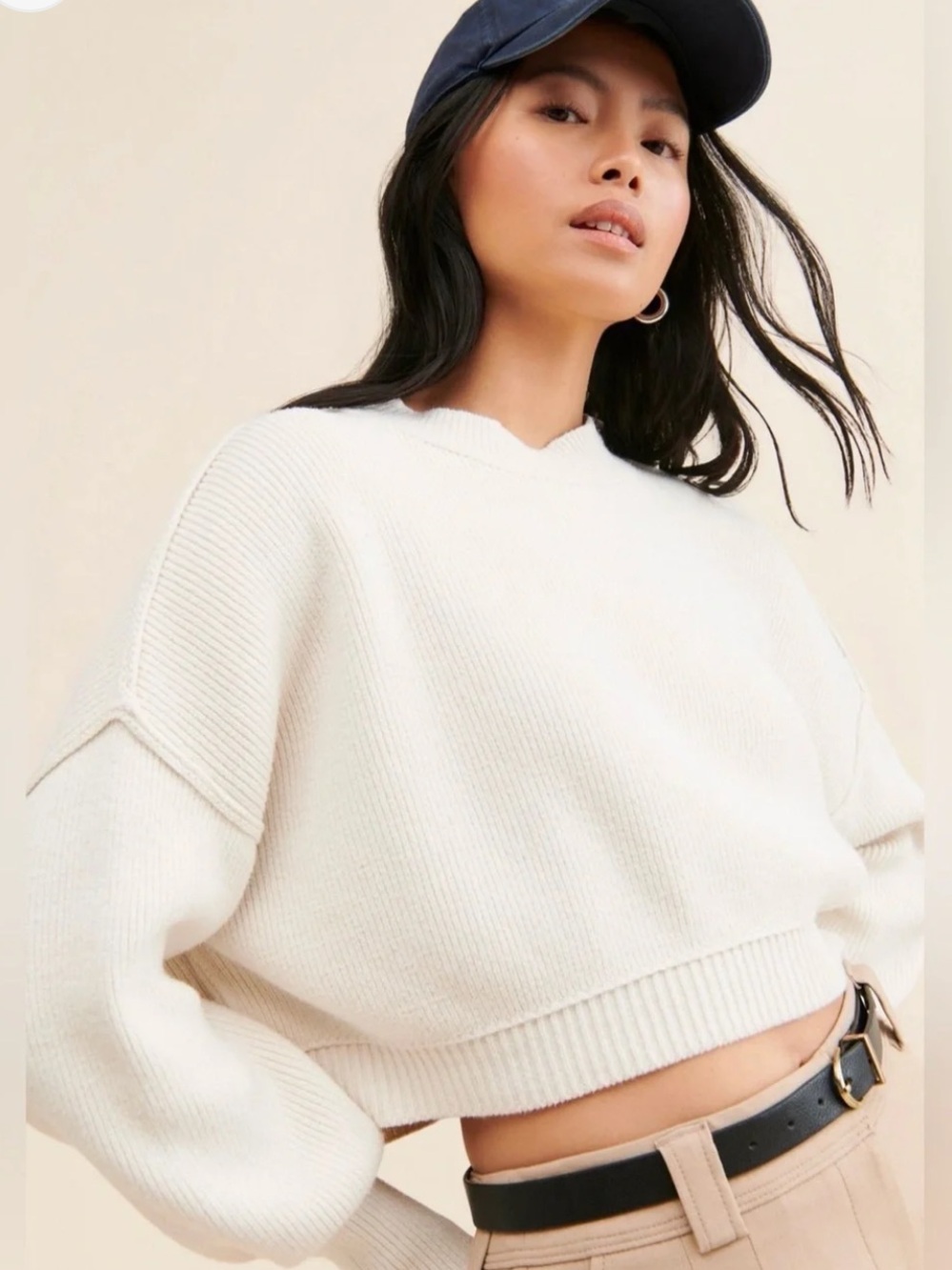 Free People Easy Street Crop Sweater Cream Oversized Ribbed Knit M